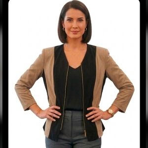Vintage Donna Ricco Sport Two Tone Long Sleeve Zip Up Blazer Sz 16 Camel Black